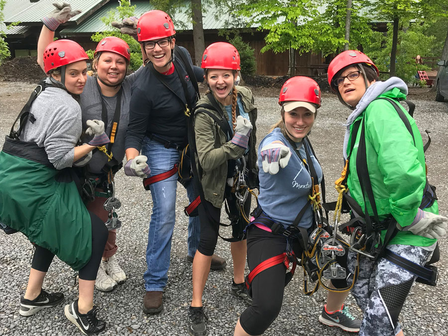 Christina, Renee, Amanda, Cassidy, Lauren and Dana of Omega Commercial Interiors ready for zip lining into the Gorge.